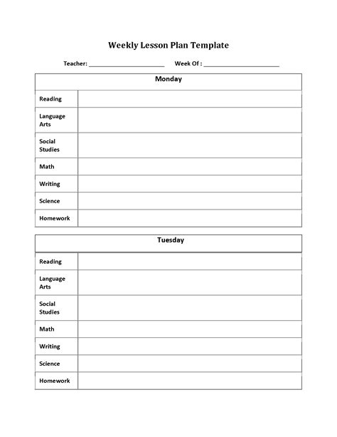 Free Printable Lesson Plan Multiple Subject Template