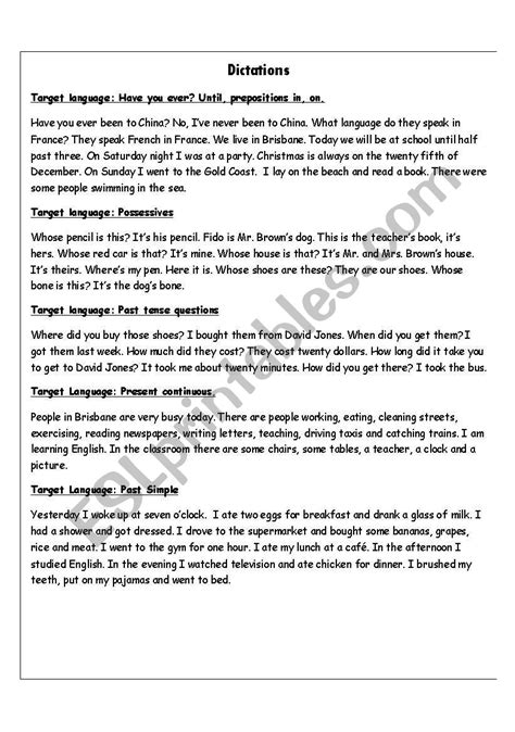 Free Printable Multi Level Esl Dictations