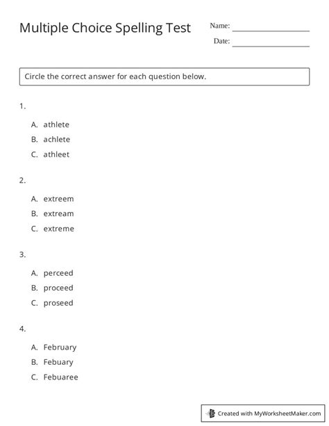 Free Printable Multiple Choice Spelling Test Maker