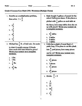 Free Printable Multiple Choice Tests Common Core 6Th Grade Math