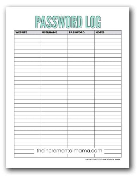 Free Printable Password Track Sheet