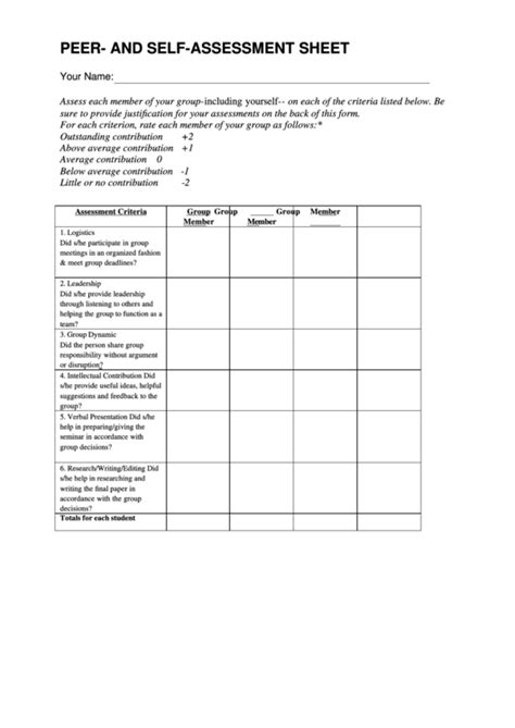 Free Printable Peer Assessment Sheet