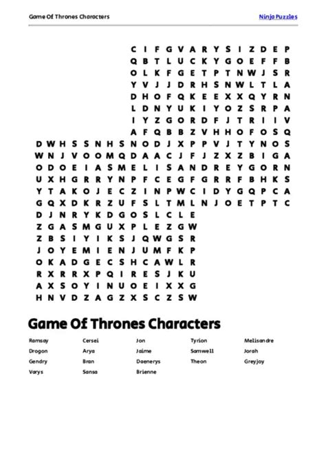 Free Printable Puzzles About Game Of Thrones