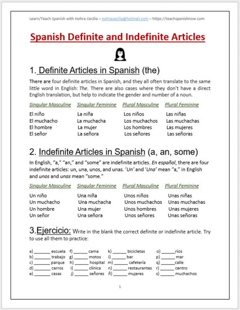 Free Printable Spanish Articles Study Guide