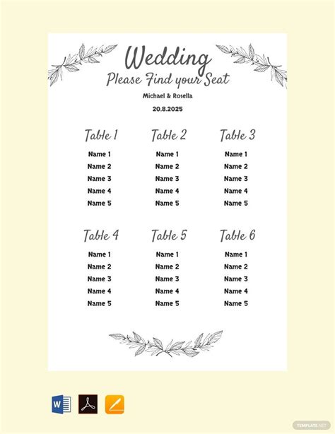 Free Printable Table Chart Wedding