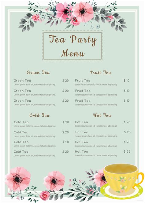 Free Printable Tea Party Menu