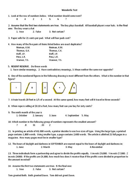 Free Printable Wonderlic Test