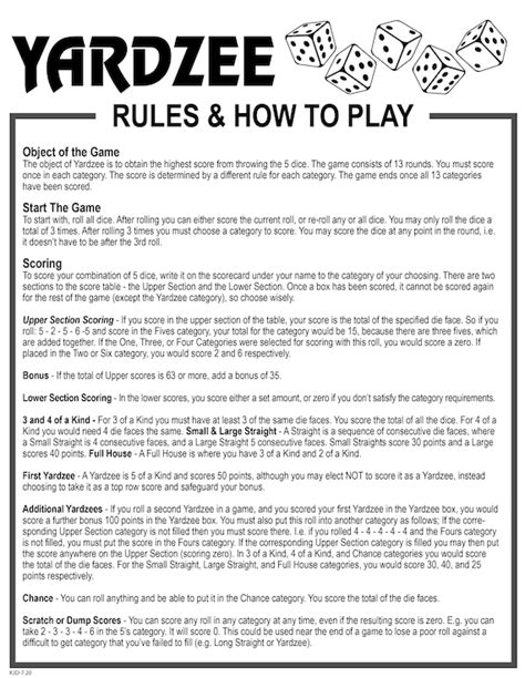 Free Printable Yard Yahtzee Rules