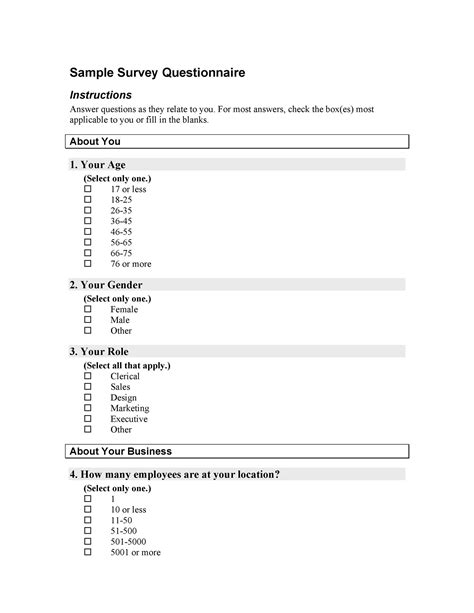 Free Sample Survey Questionnaire Template