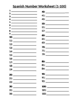 free spanish numbers worksheet 1-100