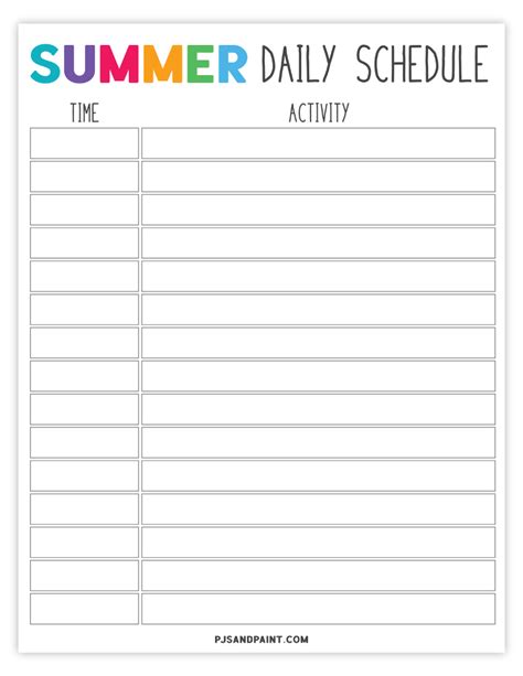 Free Summer Schedule Printable