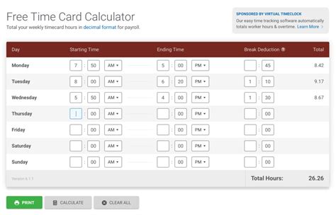 free time card calculator with break times