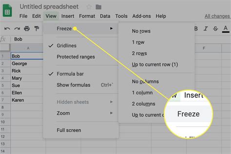 freeze rows and columns in google sheets
