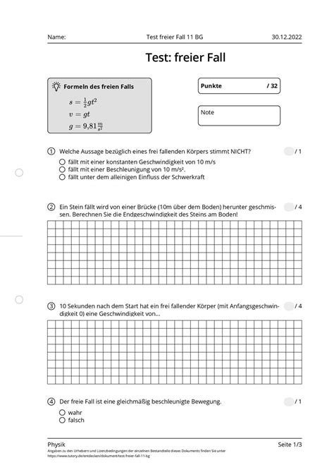 Übungen Physik 10 Kurs
