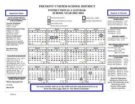 Fremont Unified School District Calendar