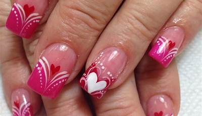 French Tip Nails With Design Valentines Pink Hearts