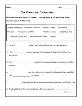 french and indian war worksheet answers