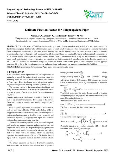 Friction Factor Polypropylene Pipe