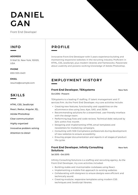 Free Front End Developer Resume CV Template in
