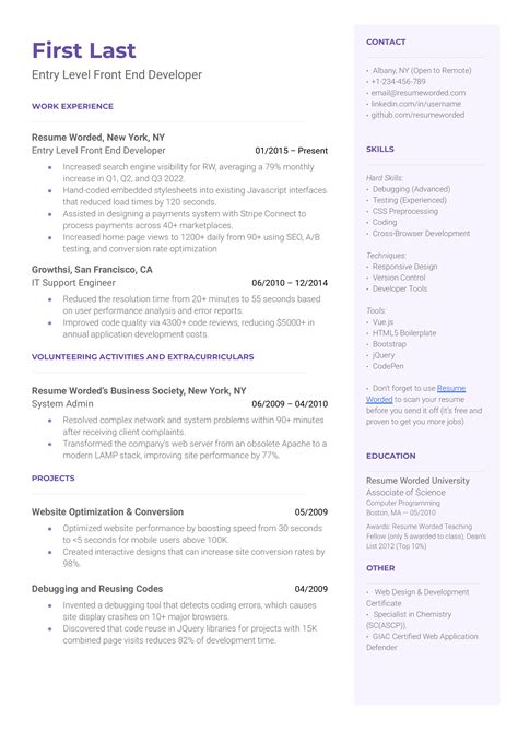 Front End Web Developer Resume Example Of Entry Level Web