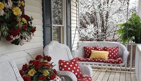 Front Porch White Bench Decorated In Spring Decor