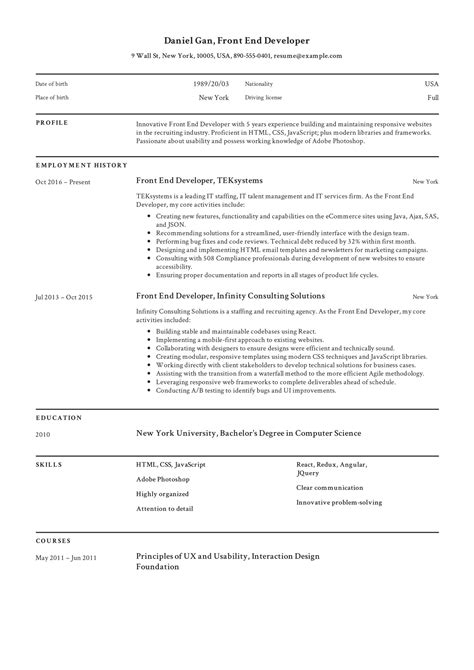 front end developer cv example