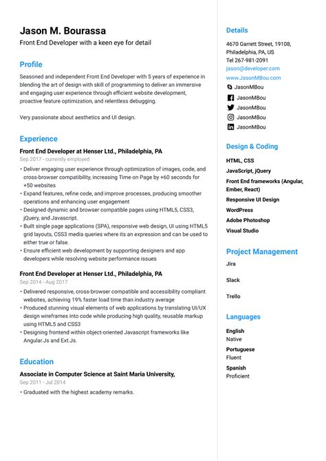 front end developer resume example