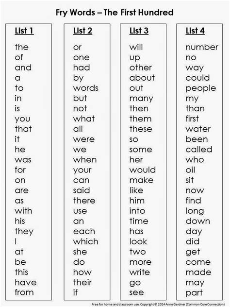 Fry Word Lists Anne Gardner's Educational Resources