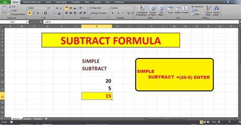 function for subtraction in excel