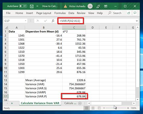 function to calculate variance in excel