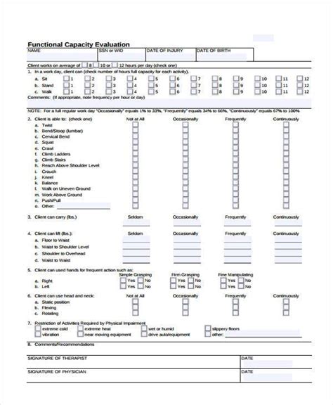 functional capacity evaluation form template