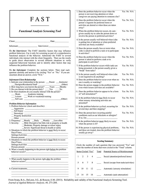 Functional Analysis Screening Tool (FAST) & Example Free PDF Download