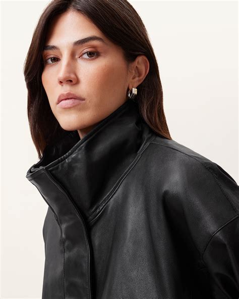 Funnel Neck Black Leather Jacket