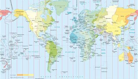 Carte des fuseaux horaires du Monde - Décalage horaire du Monde