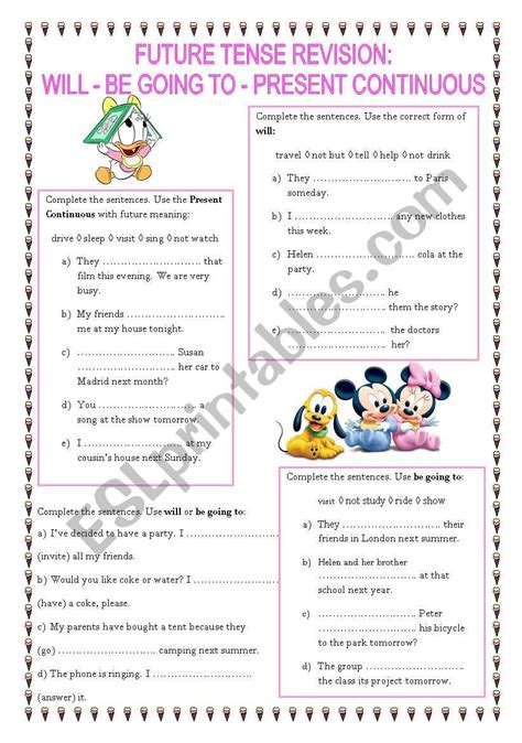 future tenses will going to present continuous exercises pdf