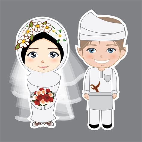 National Muslim Brides In White And Silver Clothes. Ilustrasi