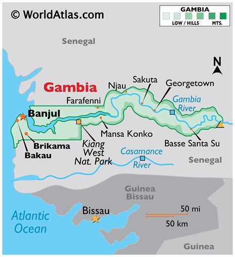 Large detailed road and travel map of Gambia with all cities Vidiani