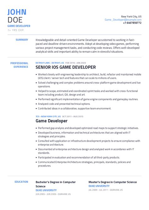 game developer cv example