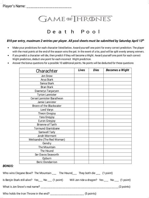 Game Of Thrones Pool Form Reddit Printable