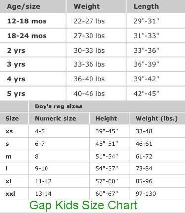 gap kids clothing size chart