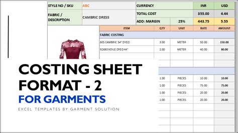 Garment Costing Sheet Format In Excel