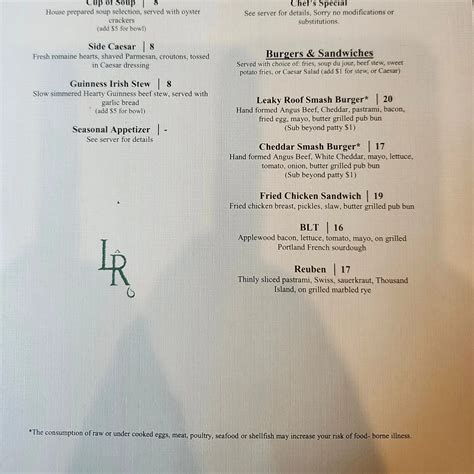 gastro pub menu leaky roof