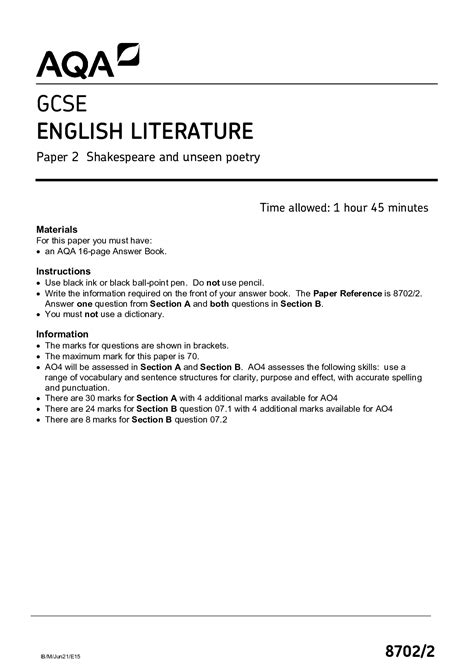 gcse english literature paper 2 aqa
