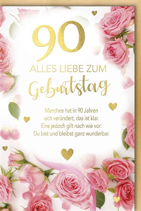 Geburtstagskarte 90 Jahre Blumen, Naturkarton, mit Goldfolie