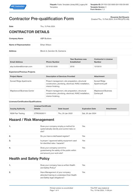 general contractor prequalification form template