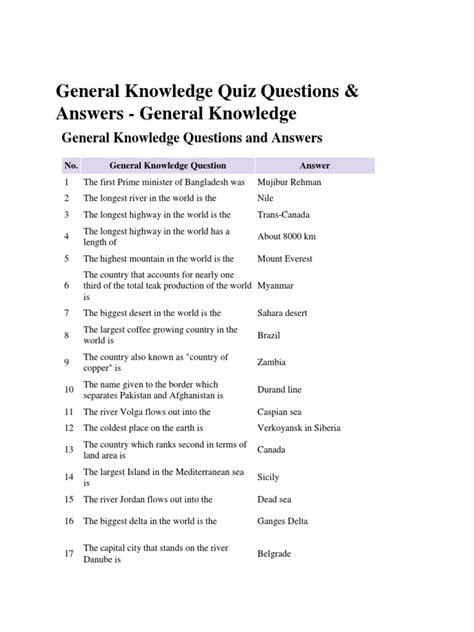General Knowledge Printable Quiz