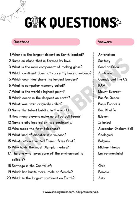 general knowledge questions and answers for middle school students