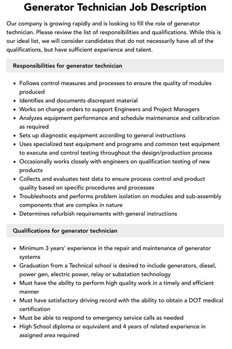 Generator Sets Operator Job Description