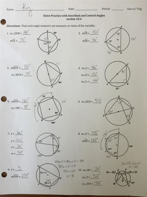 Geometry Inscribed Angles Worksheet Answer Key