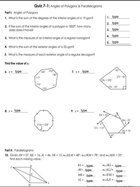 Geometry Quiz 7-1 Angles Of Polygons And Parallelograms